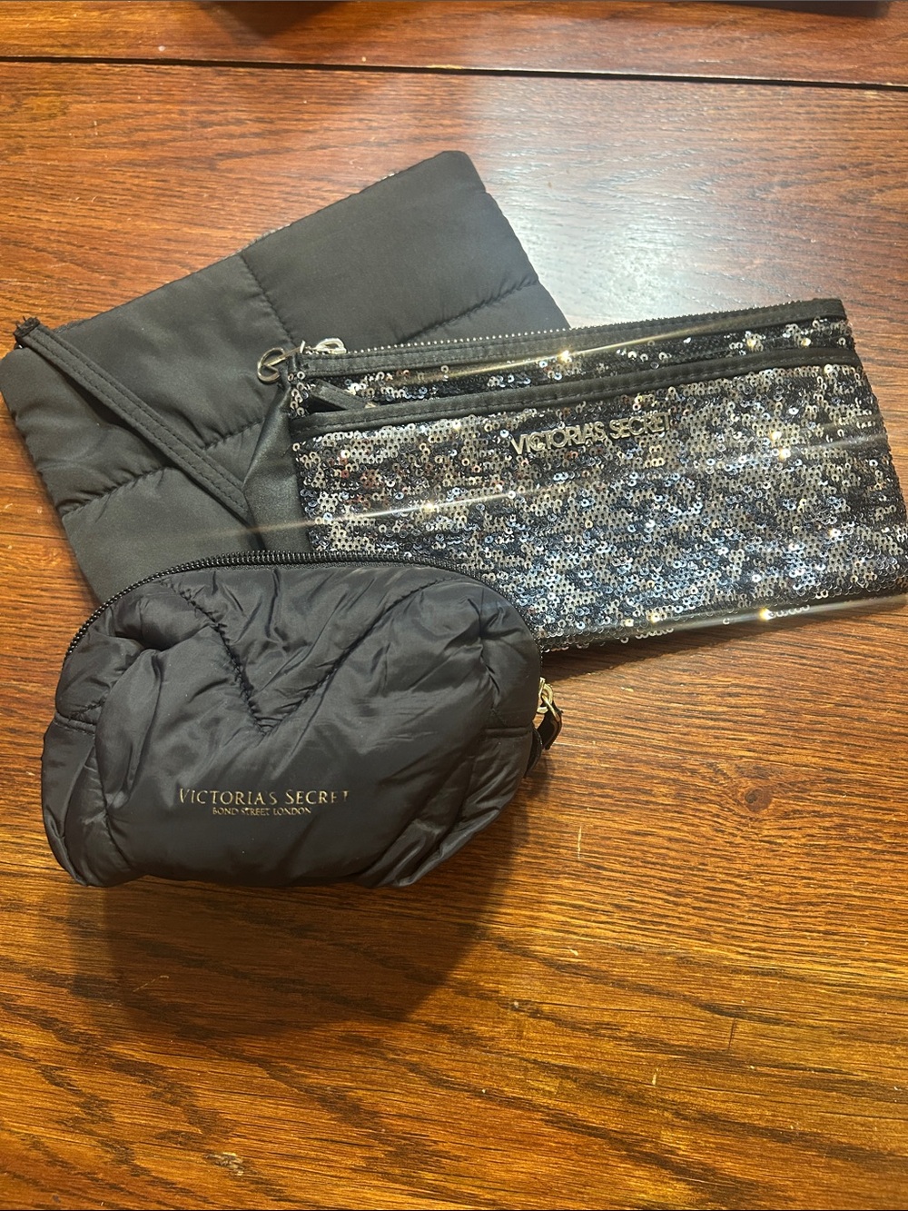 Victoria's Secret Black Quilted Puffer and Sequin Pouch Trio